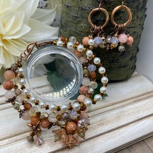 Elegant Triple Strand Pearl and Agate Beaded Jewelry Set Antique Copper Set